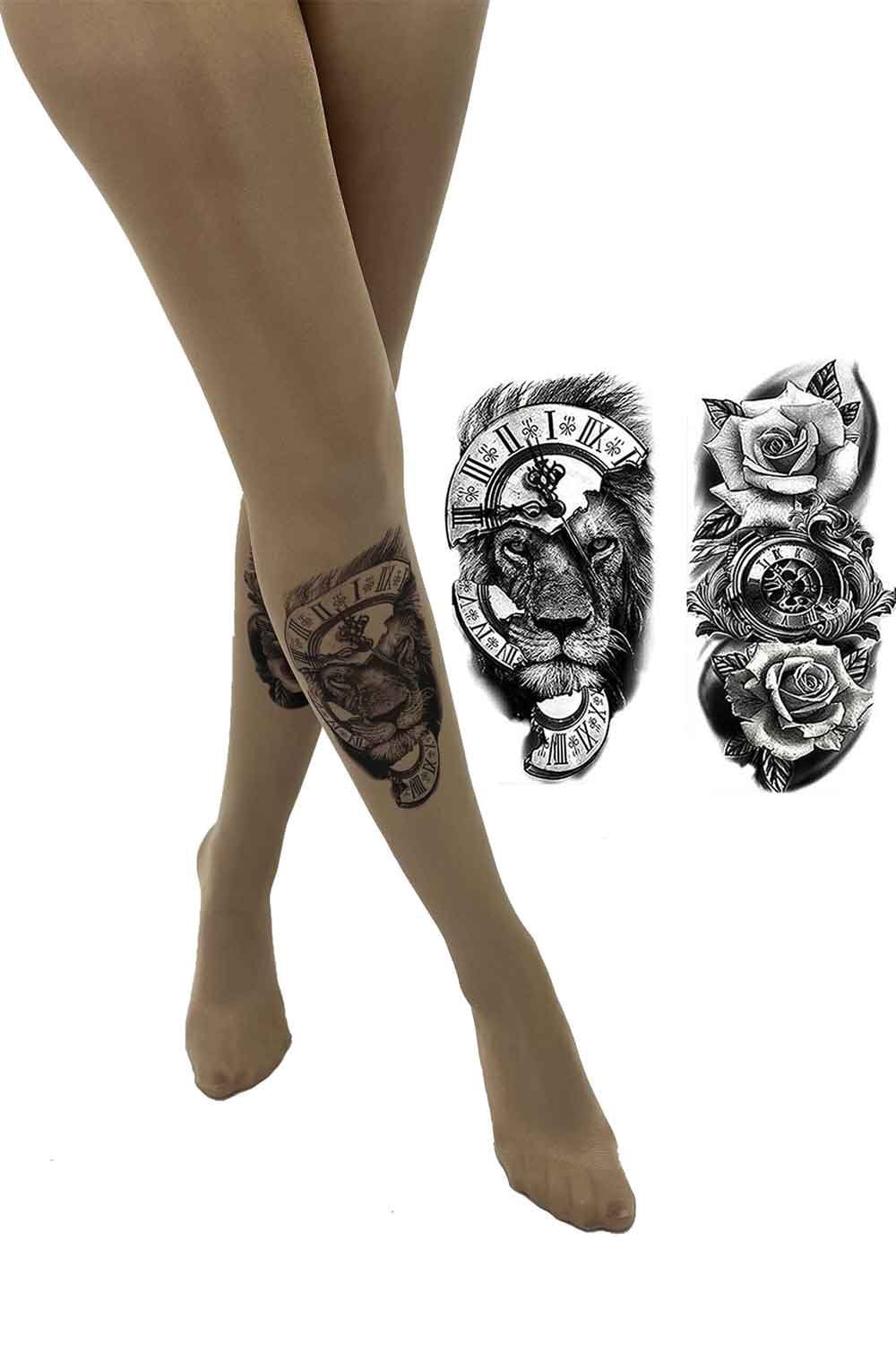 Lion and Watch Tattoo Printed Tights