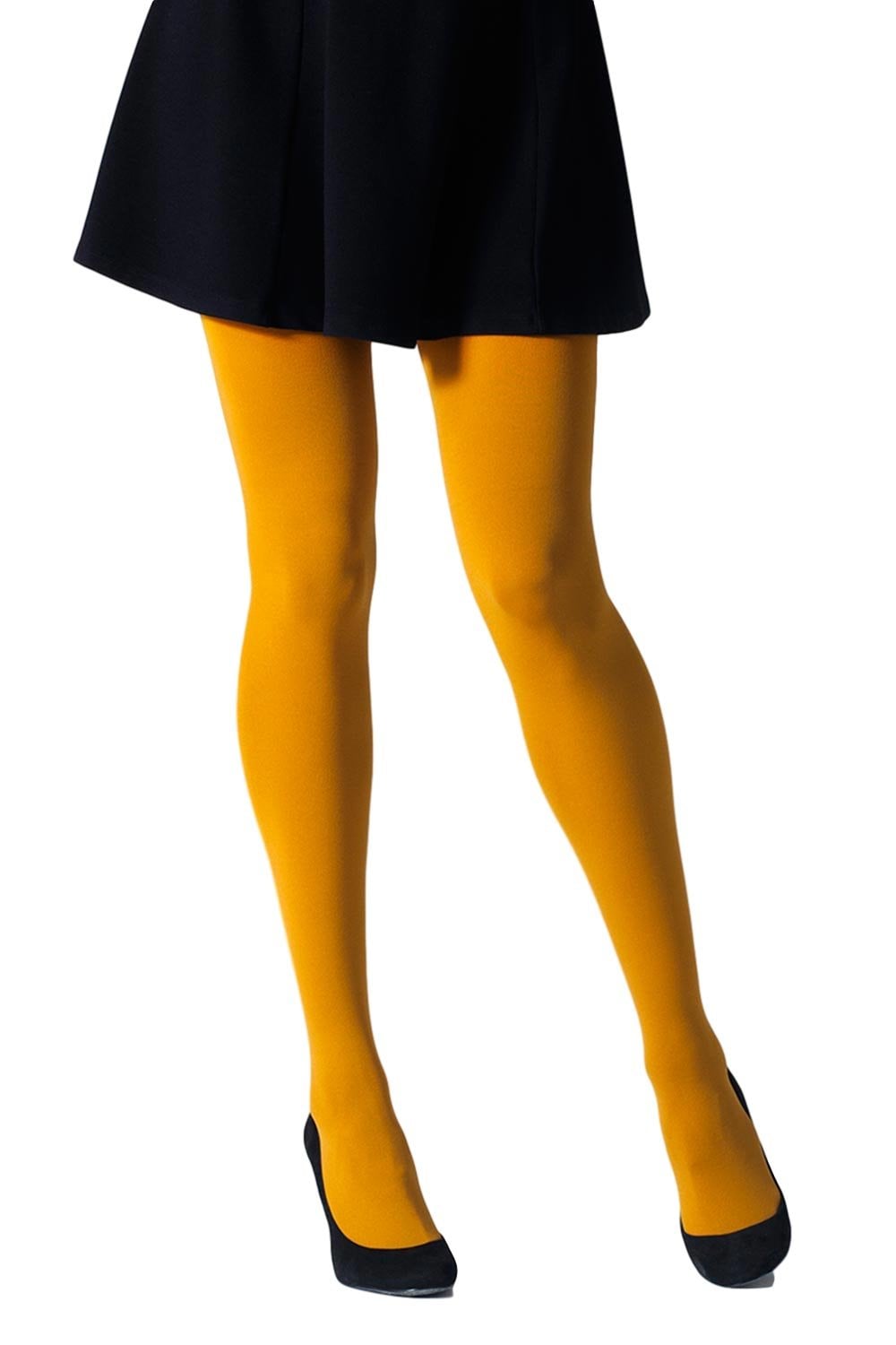 Yellow tights worn with a black skirt and shoes on a white background, colour is called Warm Mustard Gipsy 100 denier tights