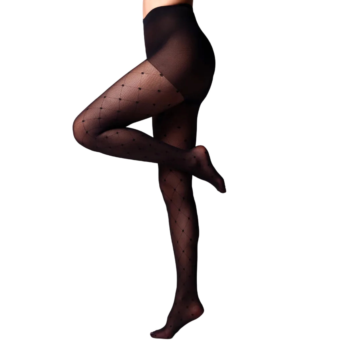 A model's legs wearing sheer black tights with a small diamond dot pattern