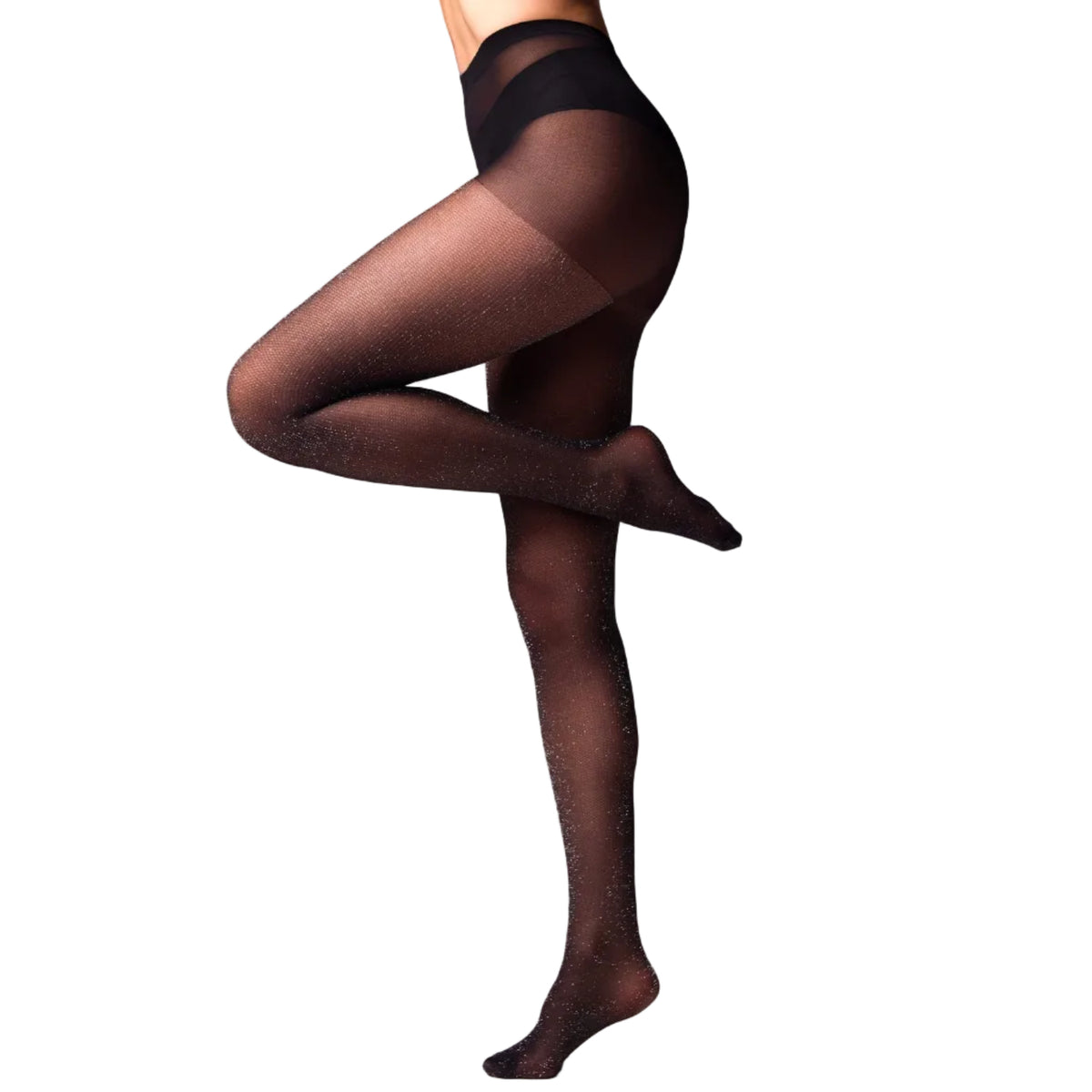 A model's legs and lower torso wearing sparkly tights, posed with one knee raised against a white background.