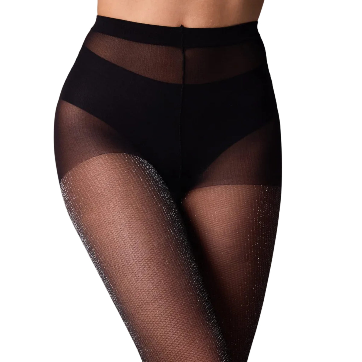 Black sheer mesh tights with a textured glittery pattern on the thighs, shown on a model against a white background.