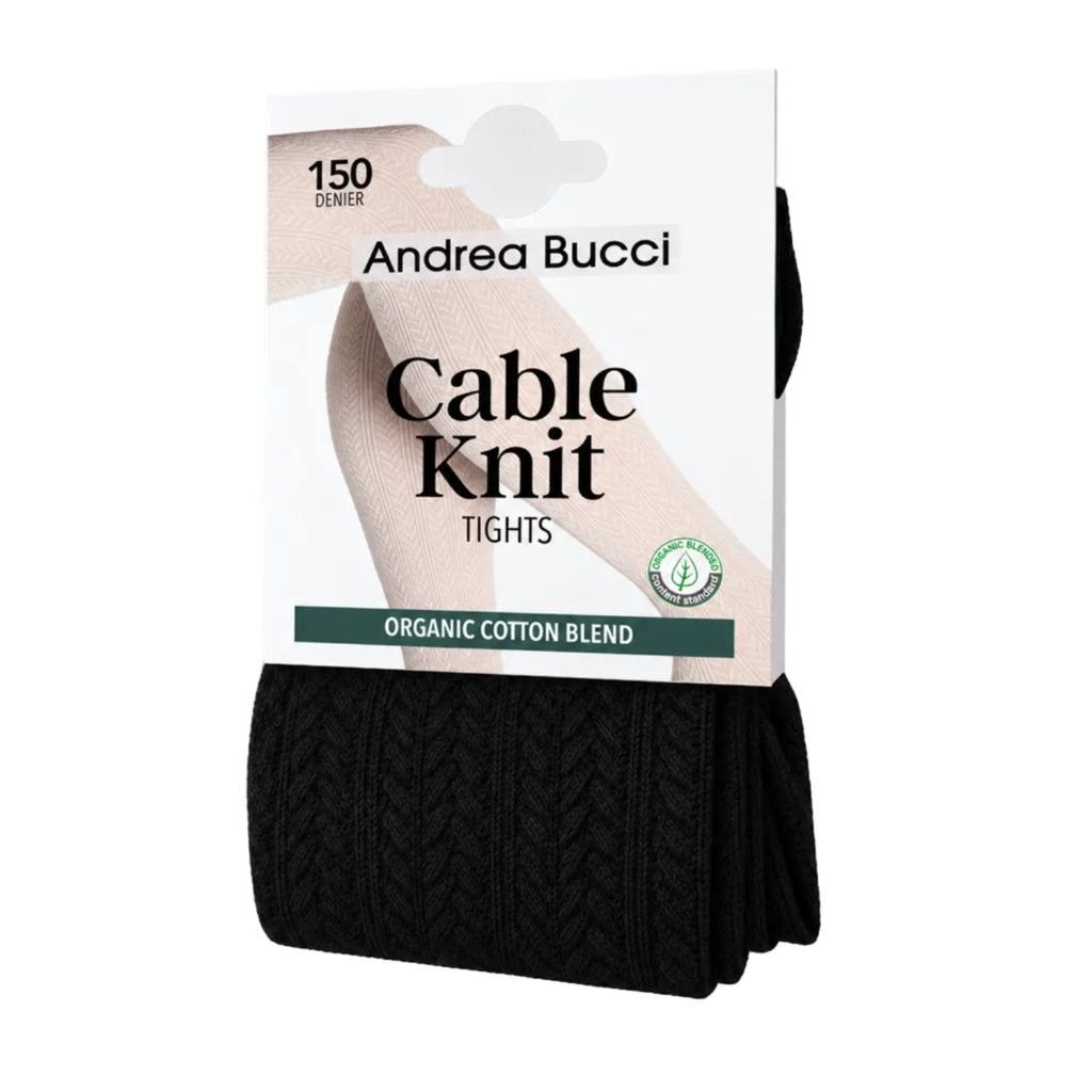 Andrea Bucci Cable Knit Tights in black, packaged on a white card with a beige leg illustration and green text accents, photographed on a white background.