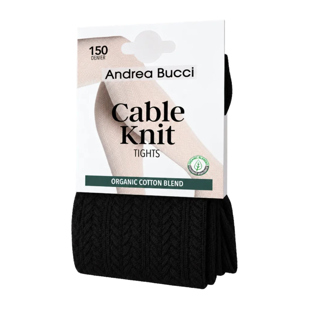 Andrea Bucci Cable Knit Tights in black, packaged on a white card with a beige leg illustration and green text accents, photographed on a white background.