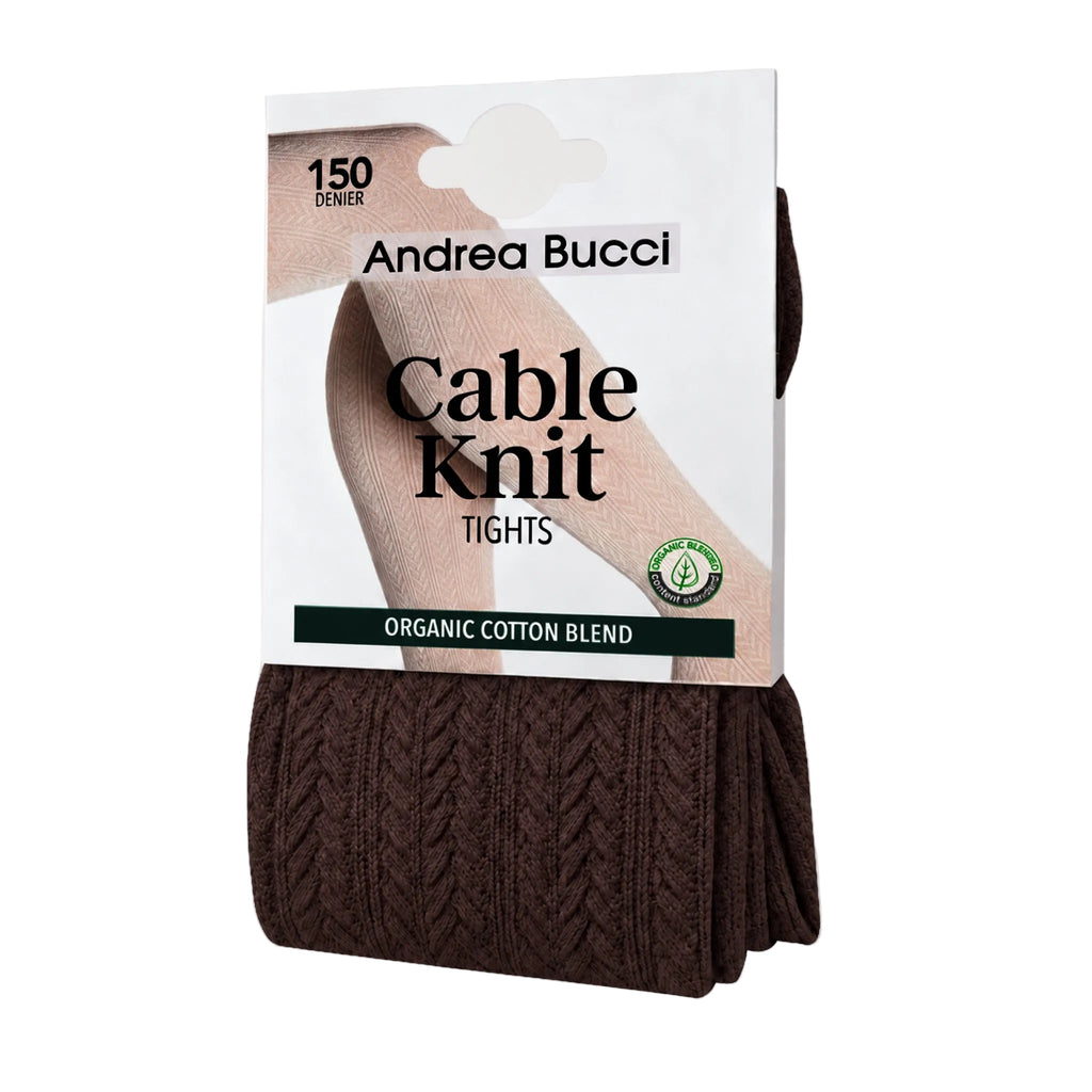 Andrea Bucci Cable Knit Tights in a dark brown cable knit pattern, packaged on a white cardboard hanger with a photo of a leg wearing beige tights.