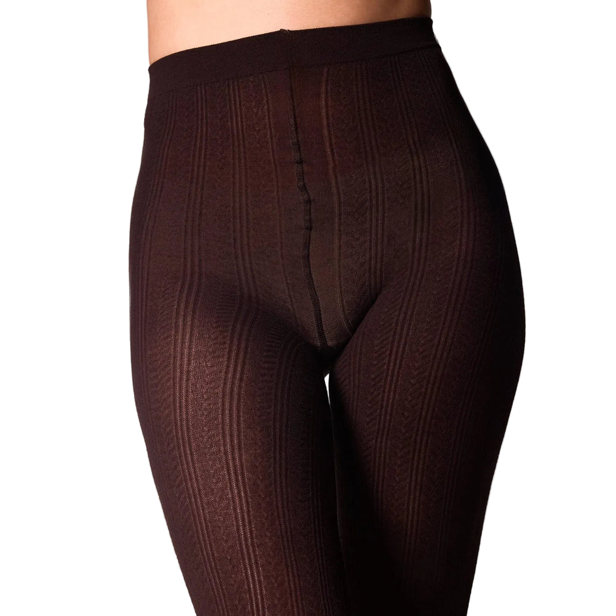Close-up of a person wearing dark brown sheer vertical-striped compression stockings or tights against a plain white background.