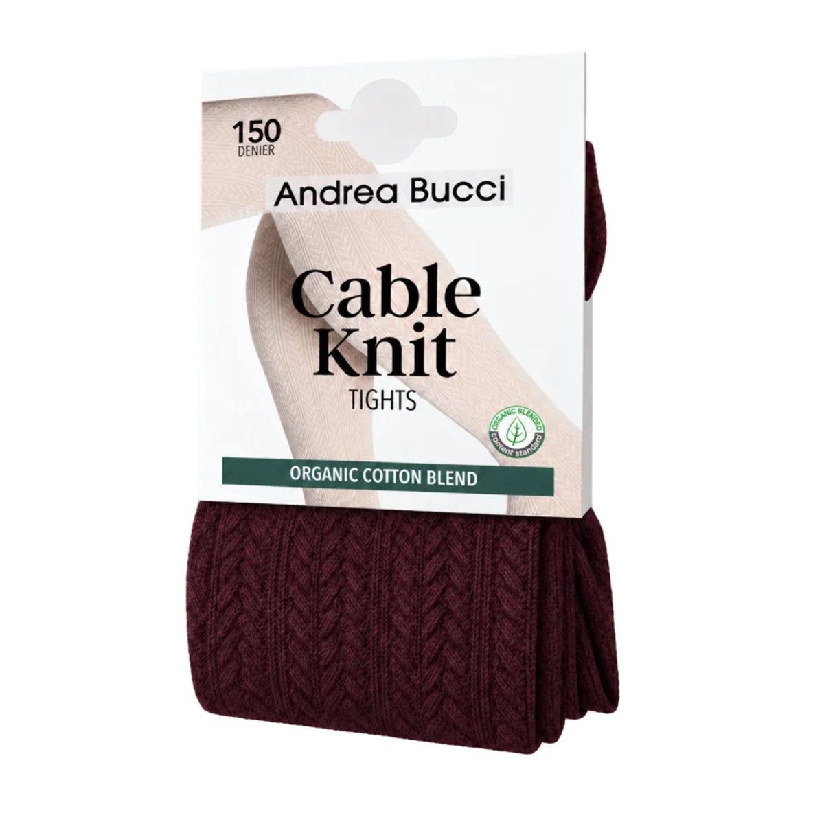 A pair of folded dark burgundy cable knit tights under a white hanger card. The packaging features the brand name 'Andrea Bucci' and text indicating '150 DENIER' and 'ORGANIC COTTON BLEND'.