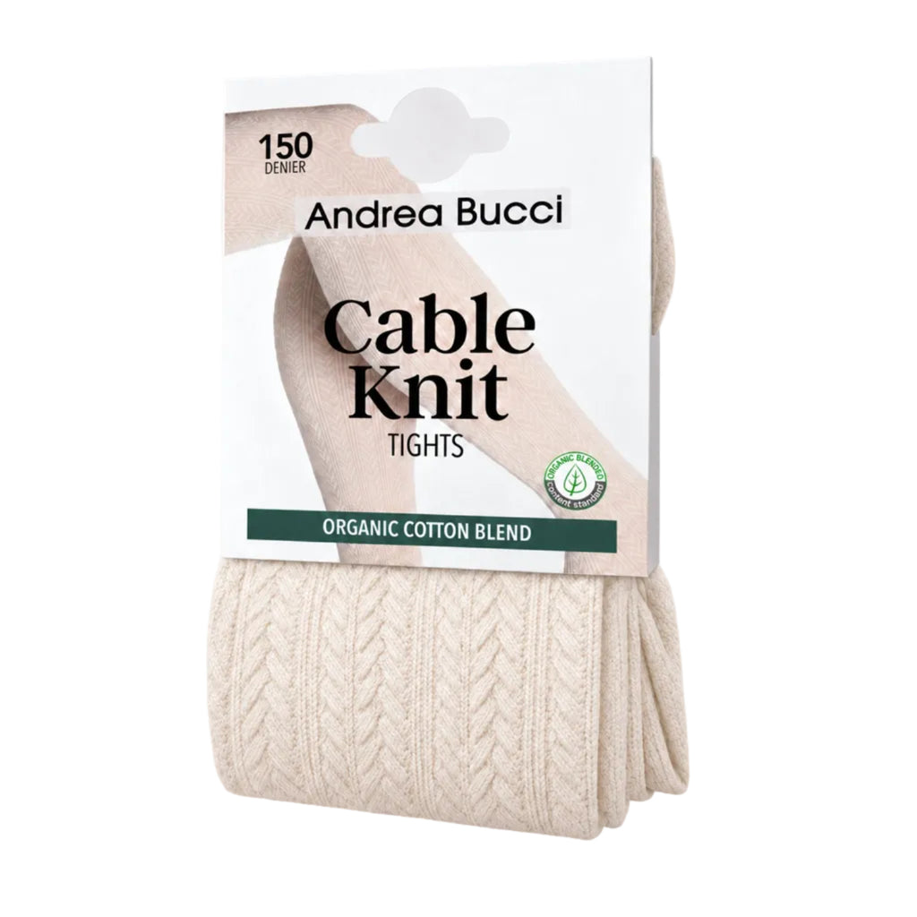 Andrea Bucci Cable Knit Tights in a cream color, packaged on a white cardboard hanger showing the brand name and product details.