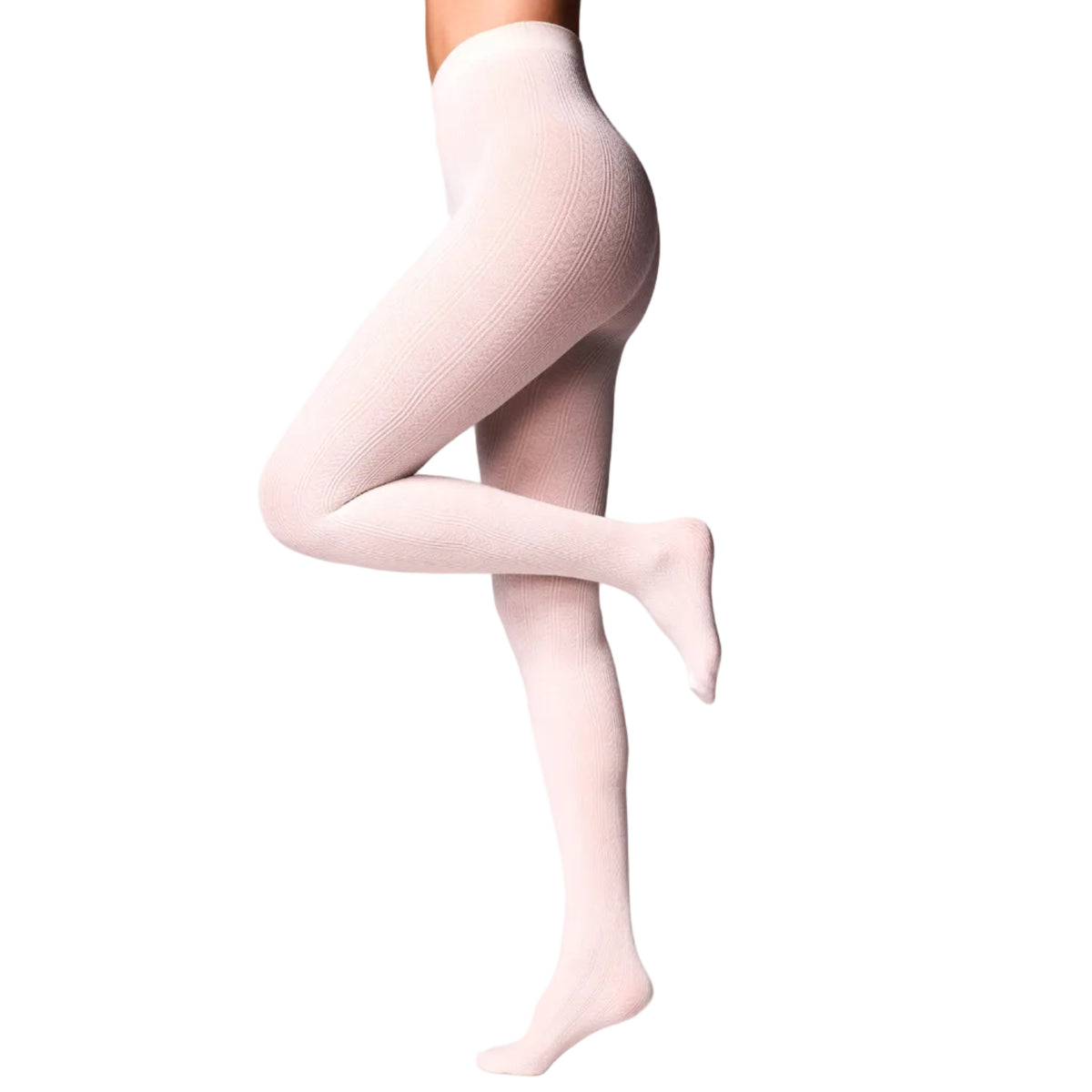 A model's legs wearing off white ribbed tights, shown from the waist down in a studio setting against a white background.