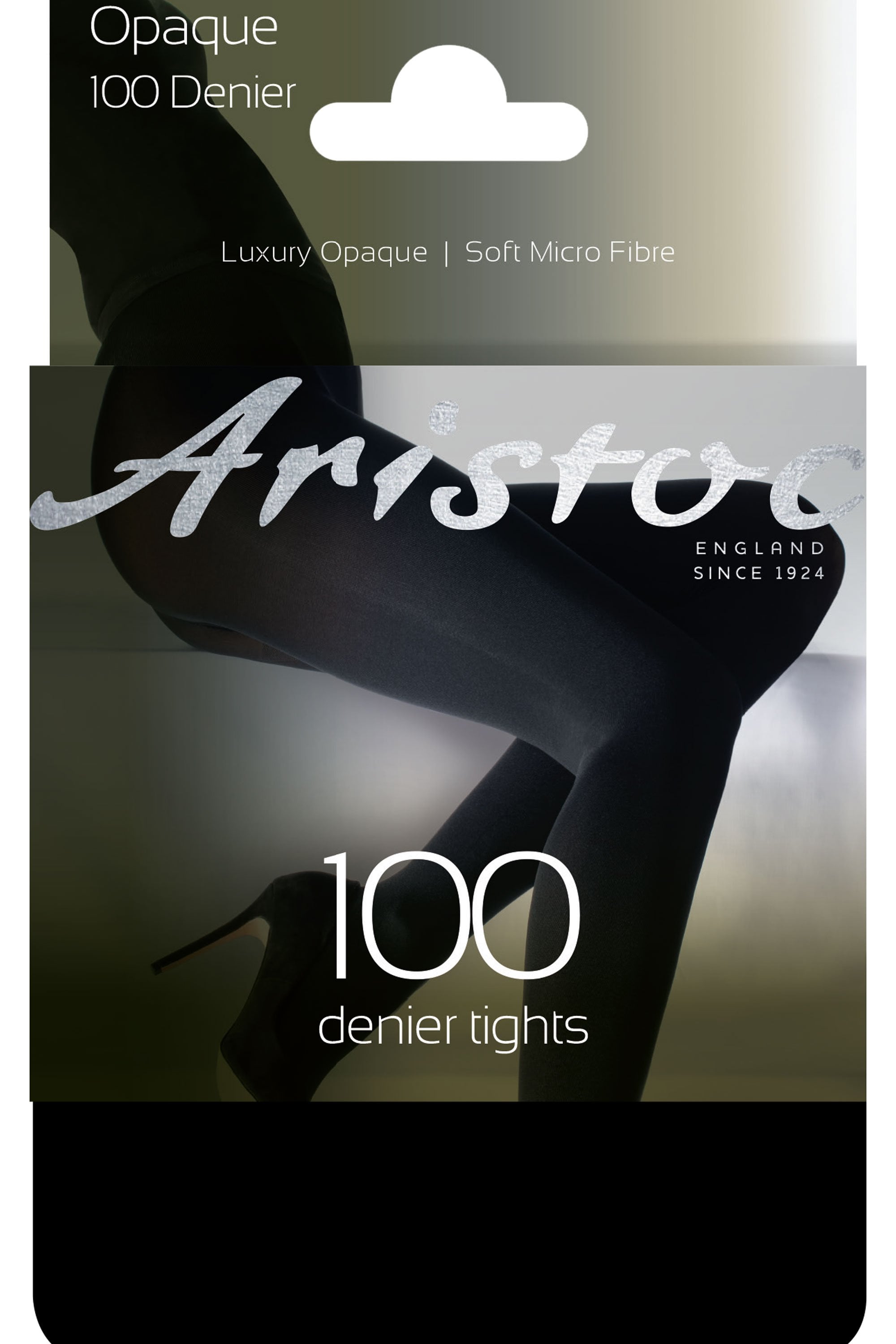 Aristoc 100 denier tights packaging with a blurred background