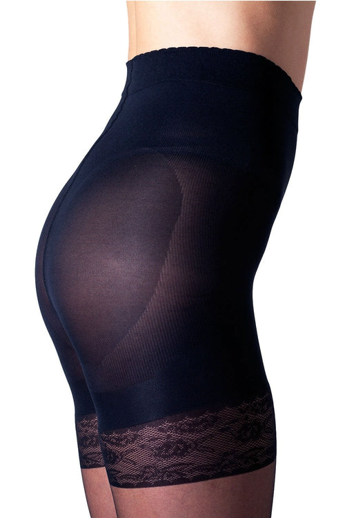 Black sheer tights with lace waistband on a white background