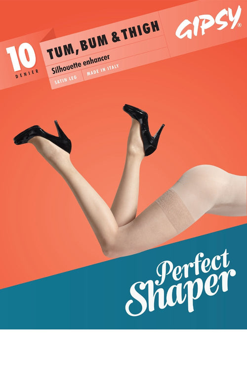Gipsy Perfect Shaper advertisement with legs wearing stockings on an orange and blue background