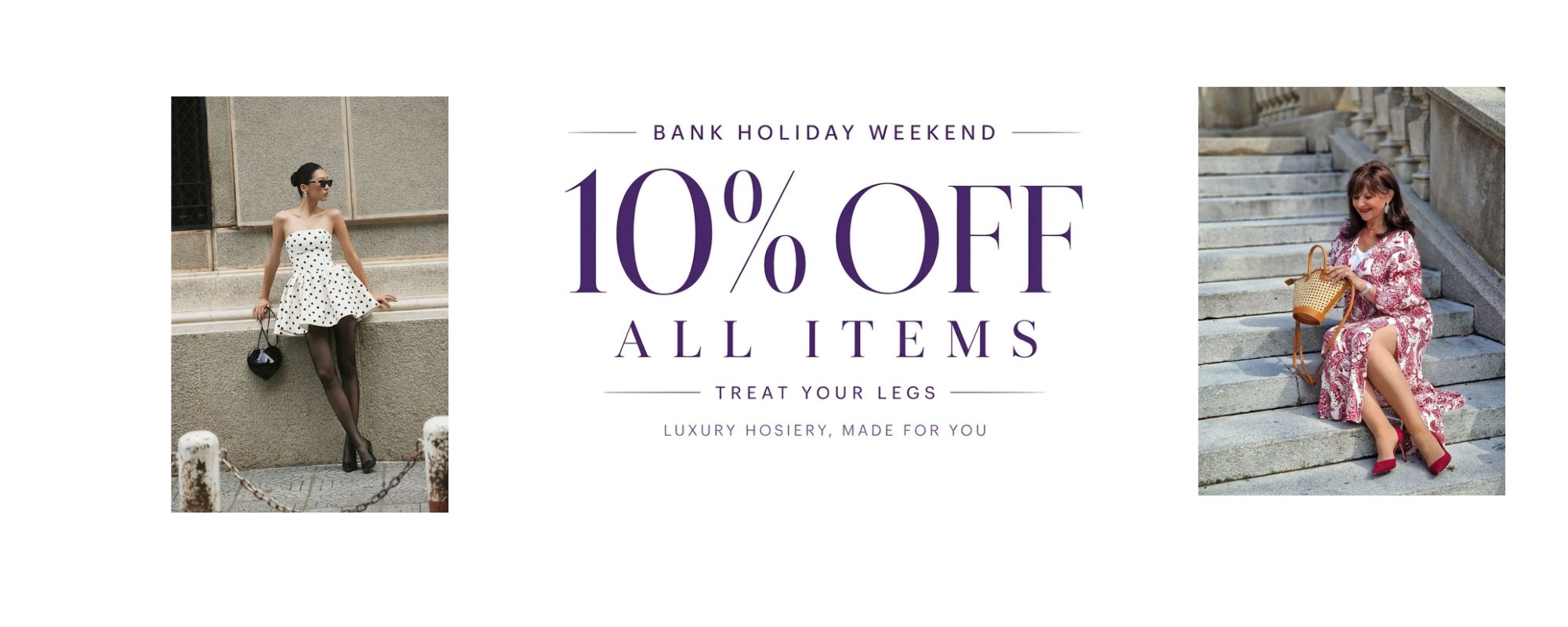 Promotional banner for a 10% off sale with two women in dresses on a white background.