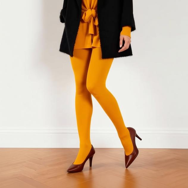 Gipsy warm mustard tights on a model with heels and dress with blazer on