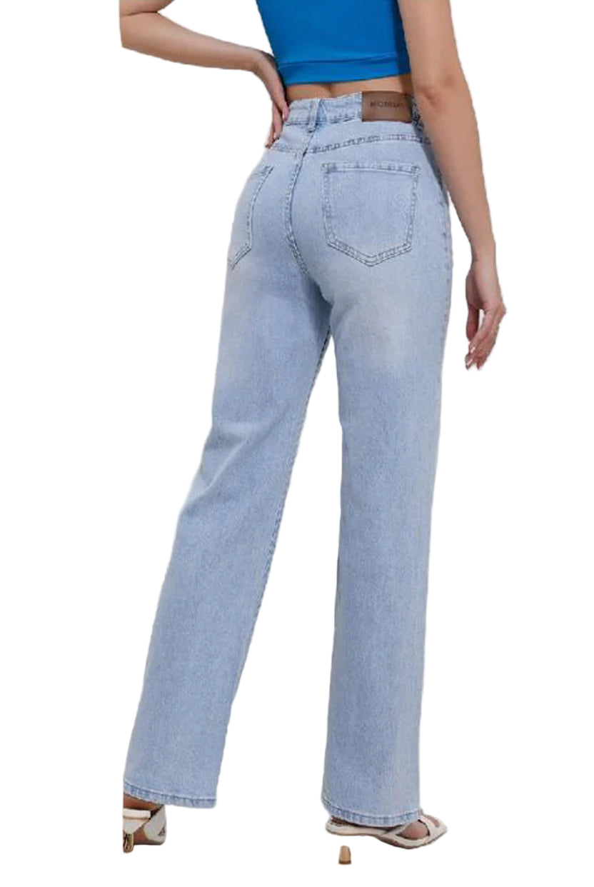 Blue Wash High Waisted Straight Leg Jeans