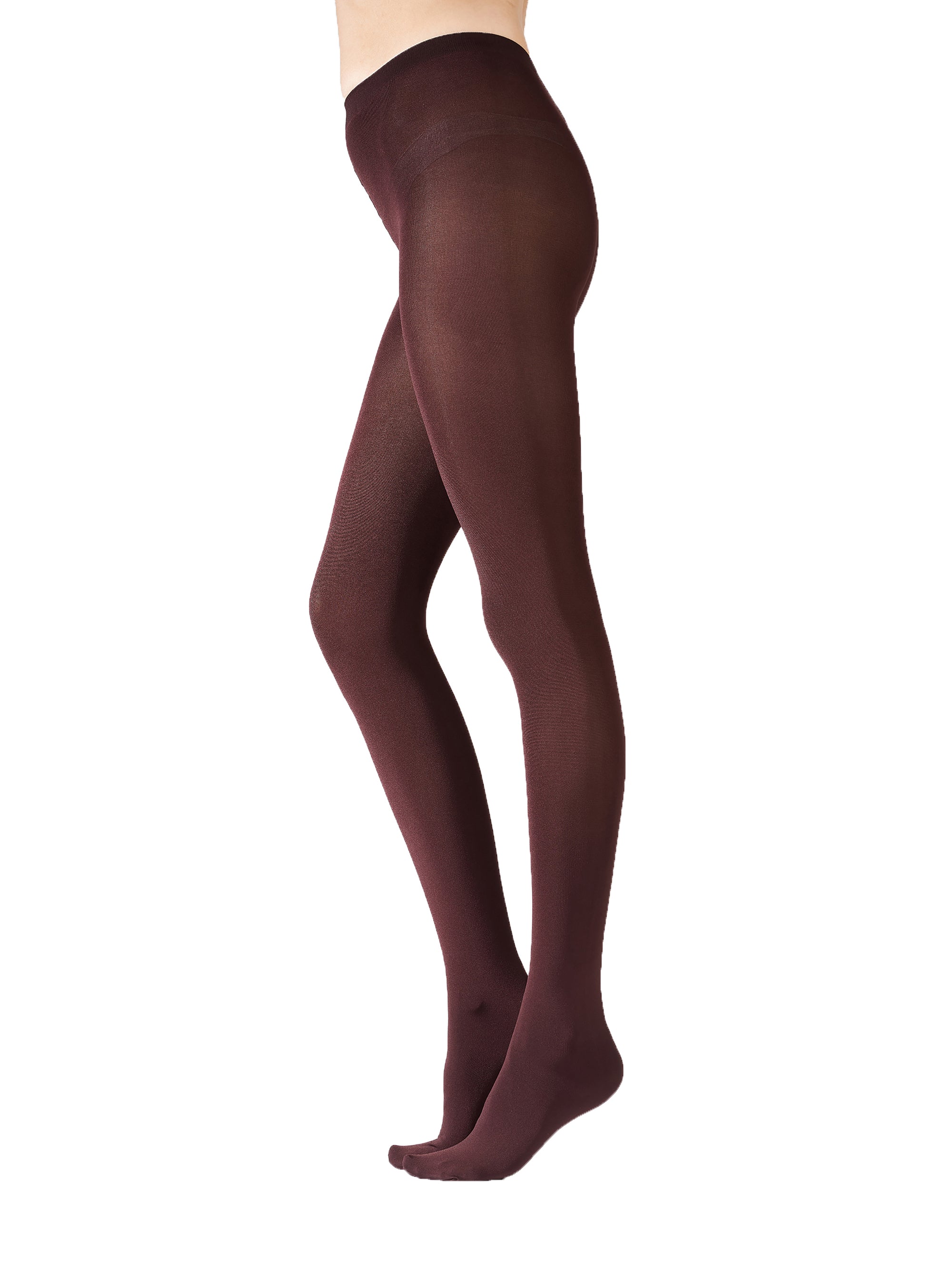 Burgundy tights worn by a person on a white background