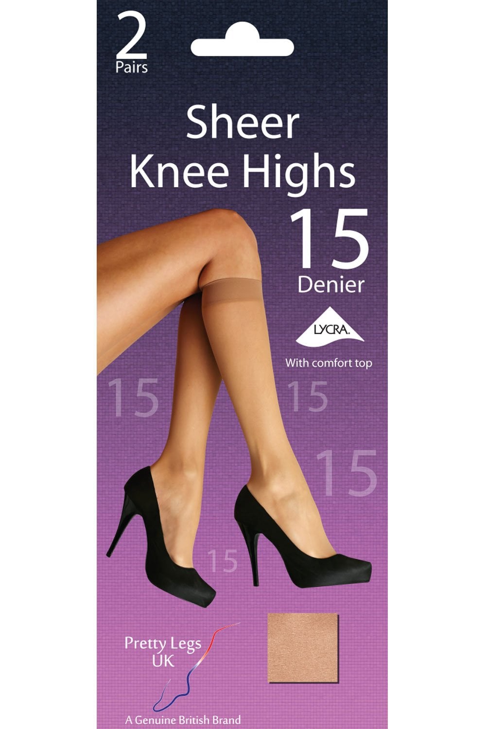 Sheer knee highs packaging with a pair of legs wearing them and black high heels on a purple background.