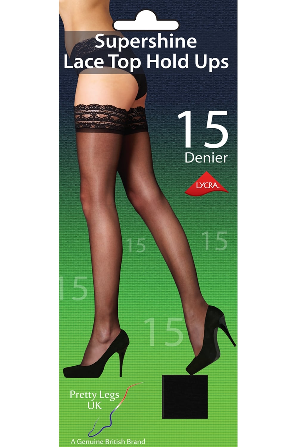 Packaging of Supershine Lace Top Hold Ups with a model wearing the product.