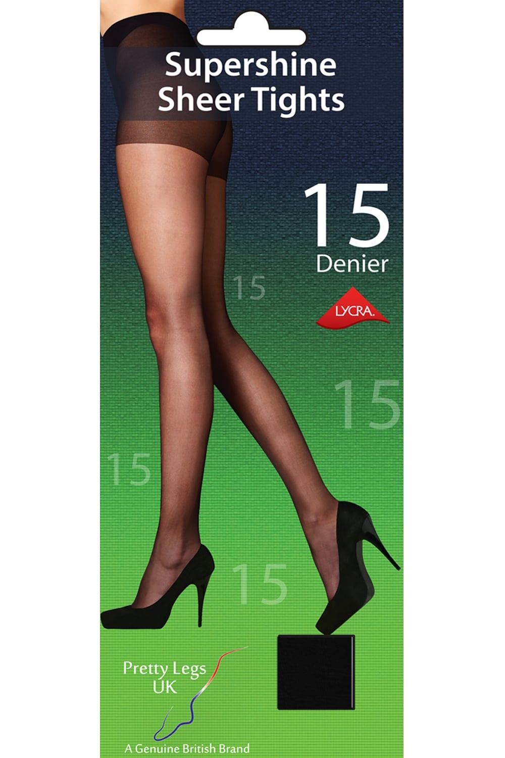 Supershine sheer tights packaging with a green background