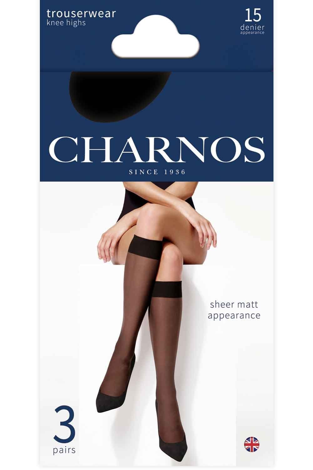 Charnos knee-highs packaging with a model wearing the product on a white background