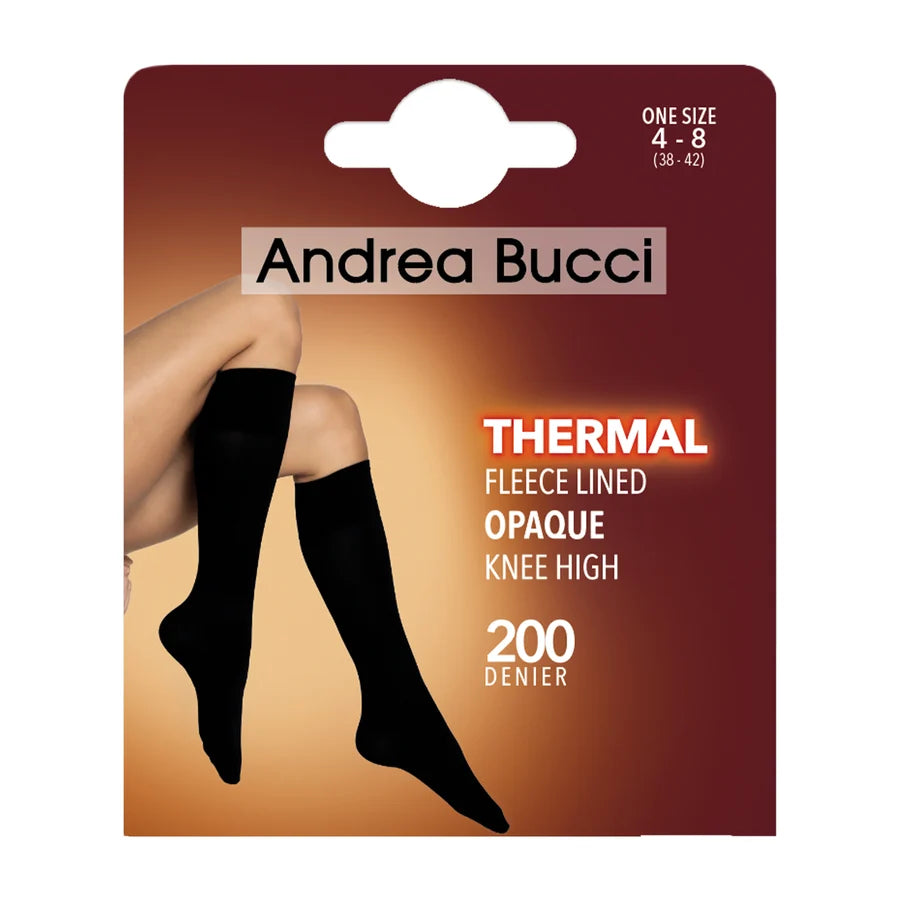 Andrea Bucci Thermal Fleece Lined Opaque Knee High socks in black, size 200 Denier, shown on their retail packaging card.