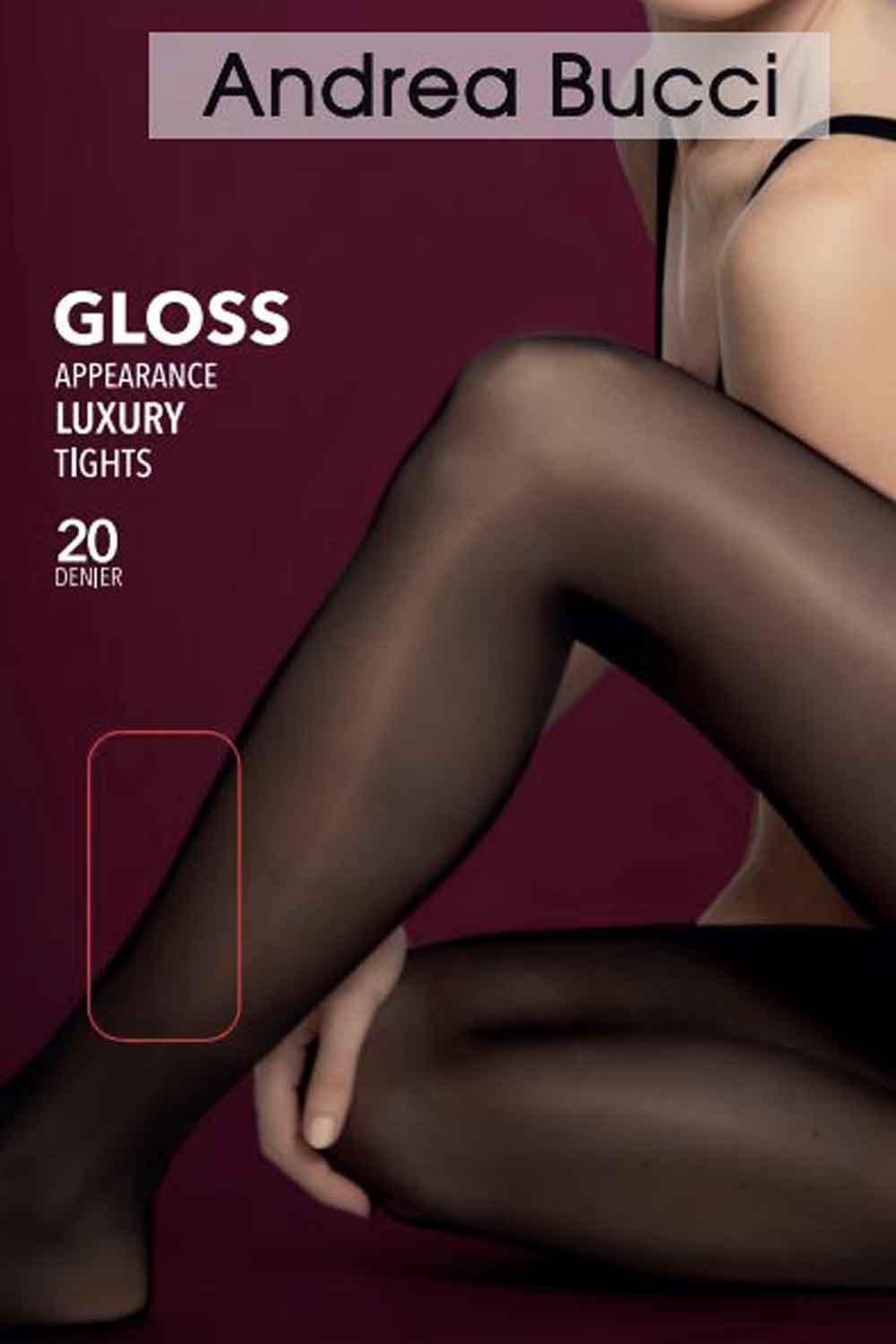 Andrea Bucci gloss luxury tights on a maroon background