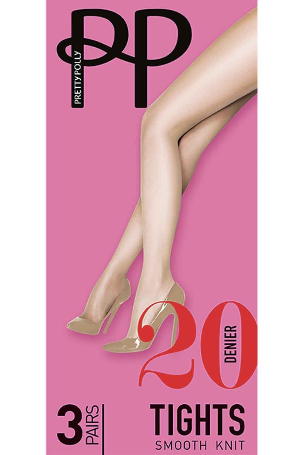 Pretty Polly tights packaging with legs and brand logo on a pink background