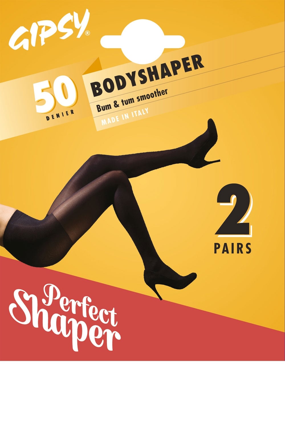 Gipsy bodyshaper tights  packaging with a yellow and red background