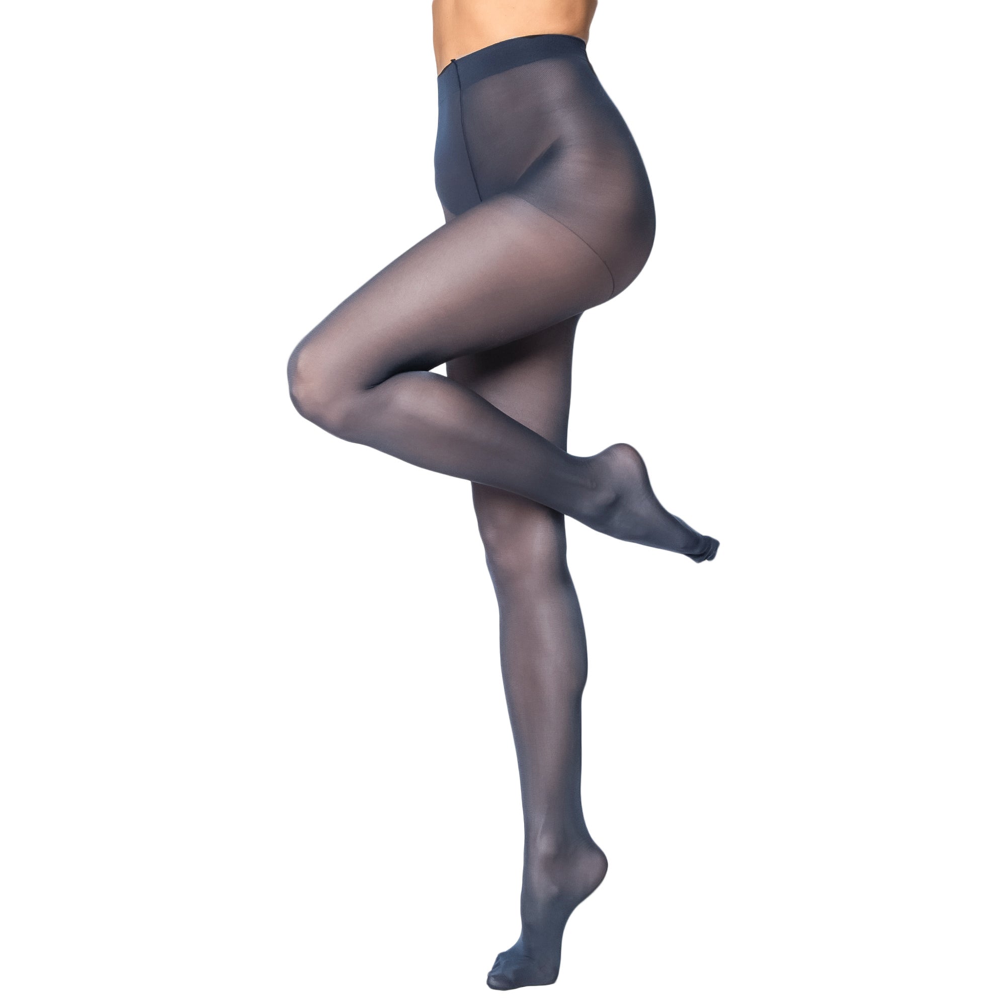 Navy tights worn by a model on a white background