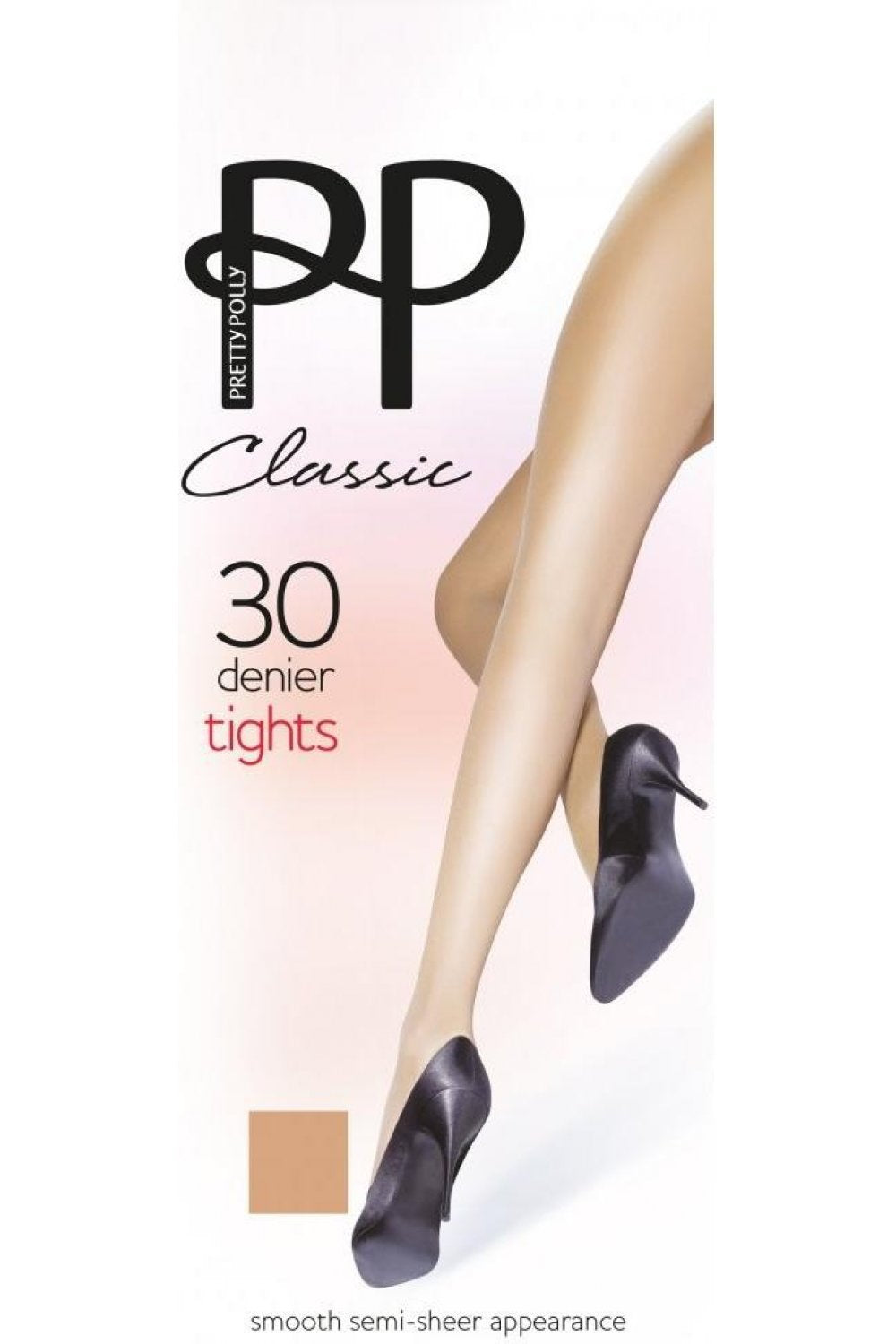 Pretty Polly classic 30 denier tights packaging with a leg model wearing the tights.