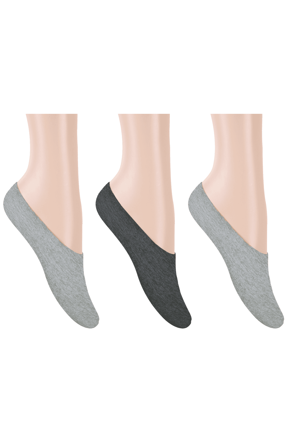 Three pairs of gray no-show socks on a white background