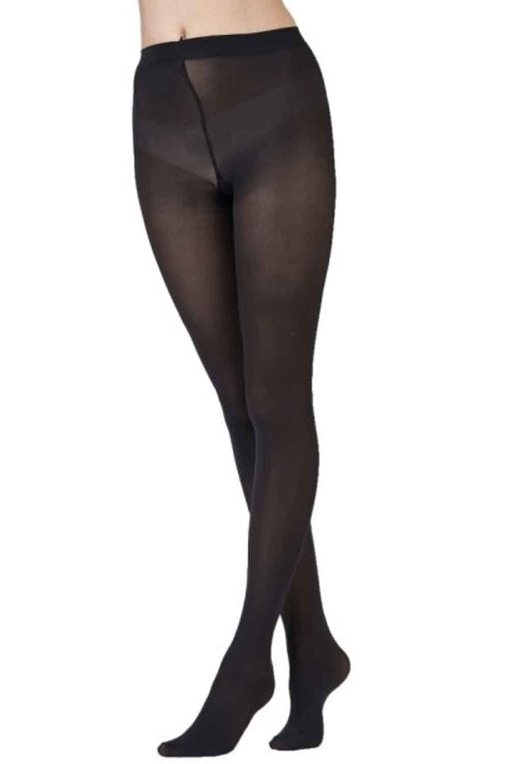 Black opaque  40 denier tights on a white background
