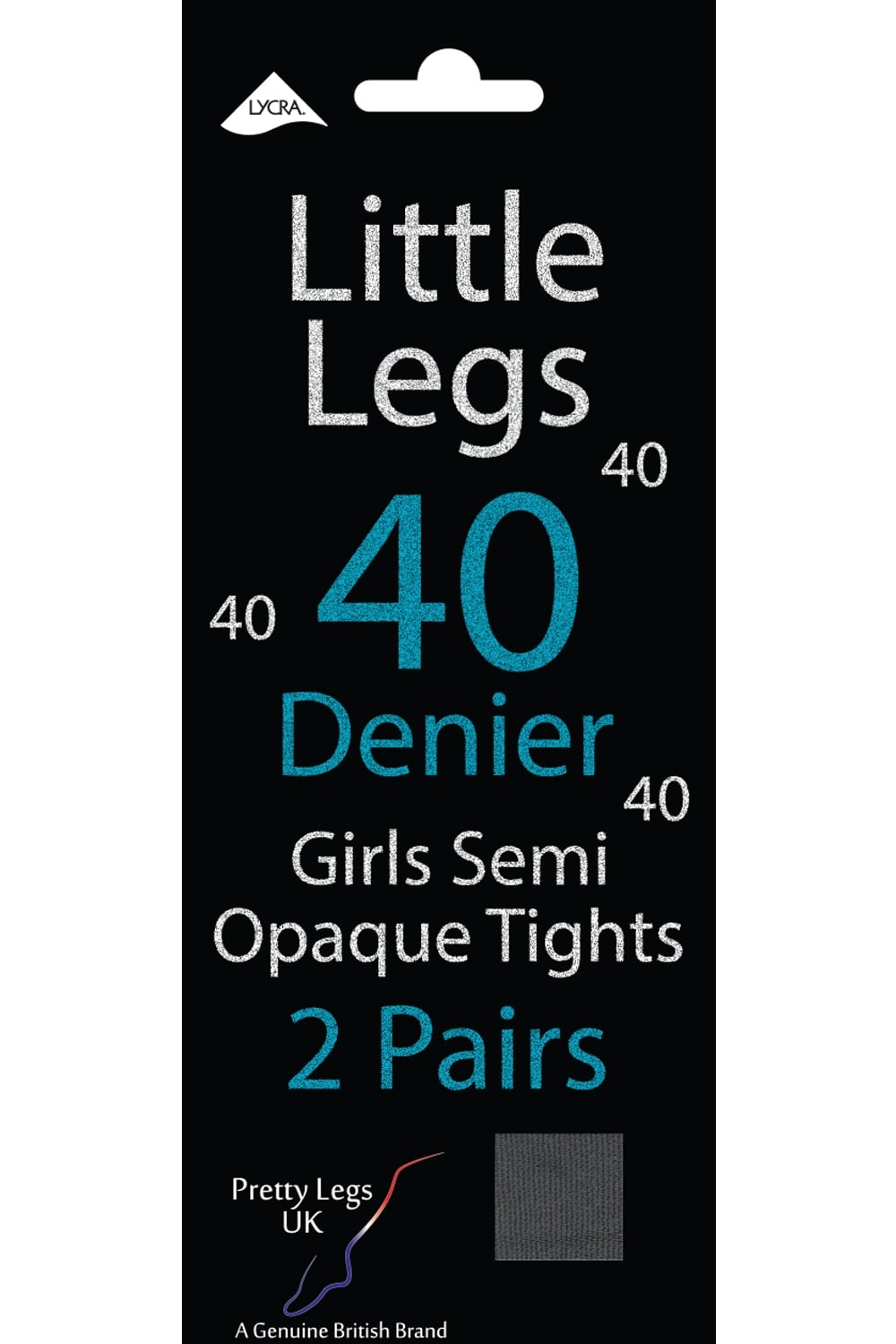 Packaging of Little Legs girls' semi-opaque tights with 40 denier on a black background.