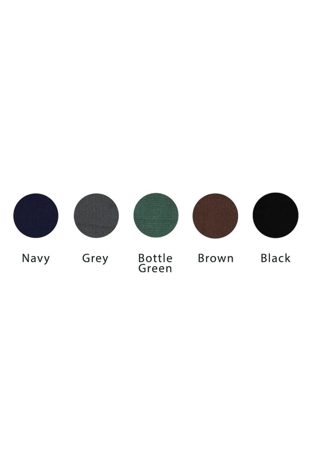 Color swatches labeled as Navy, Grey, Bottle Green, Brown, and Black on a white background.