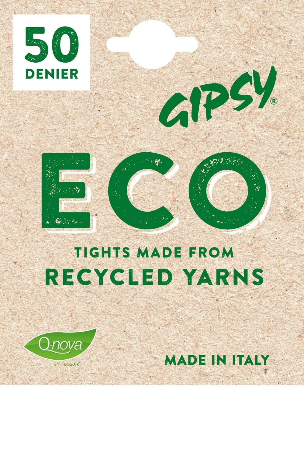 Gipsy Eco tights packaging with recycled yarns information on a beige background