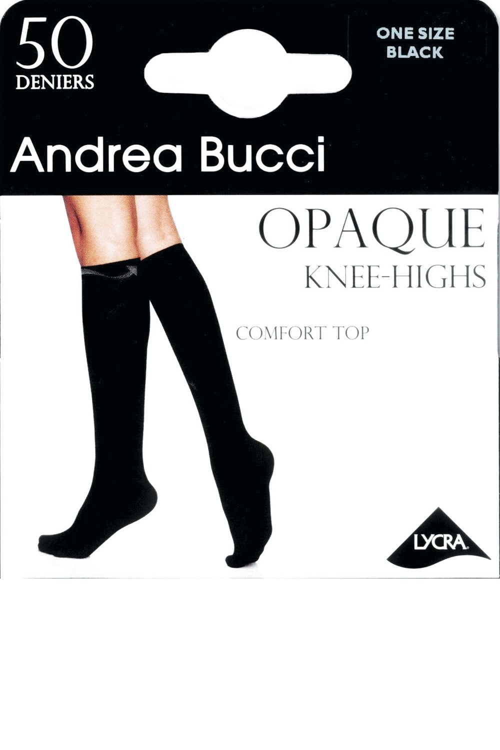 Andrea Bucci opaque knee-highs packaging with black knee-highs on a white background