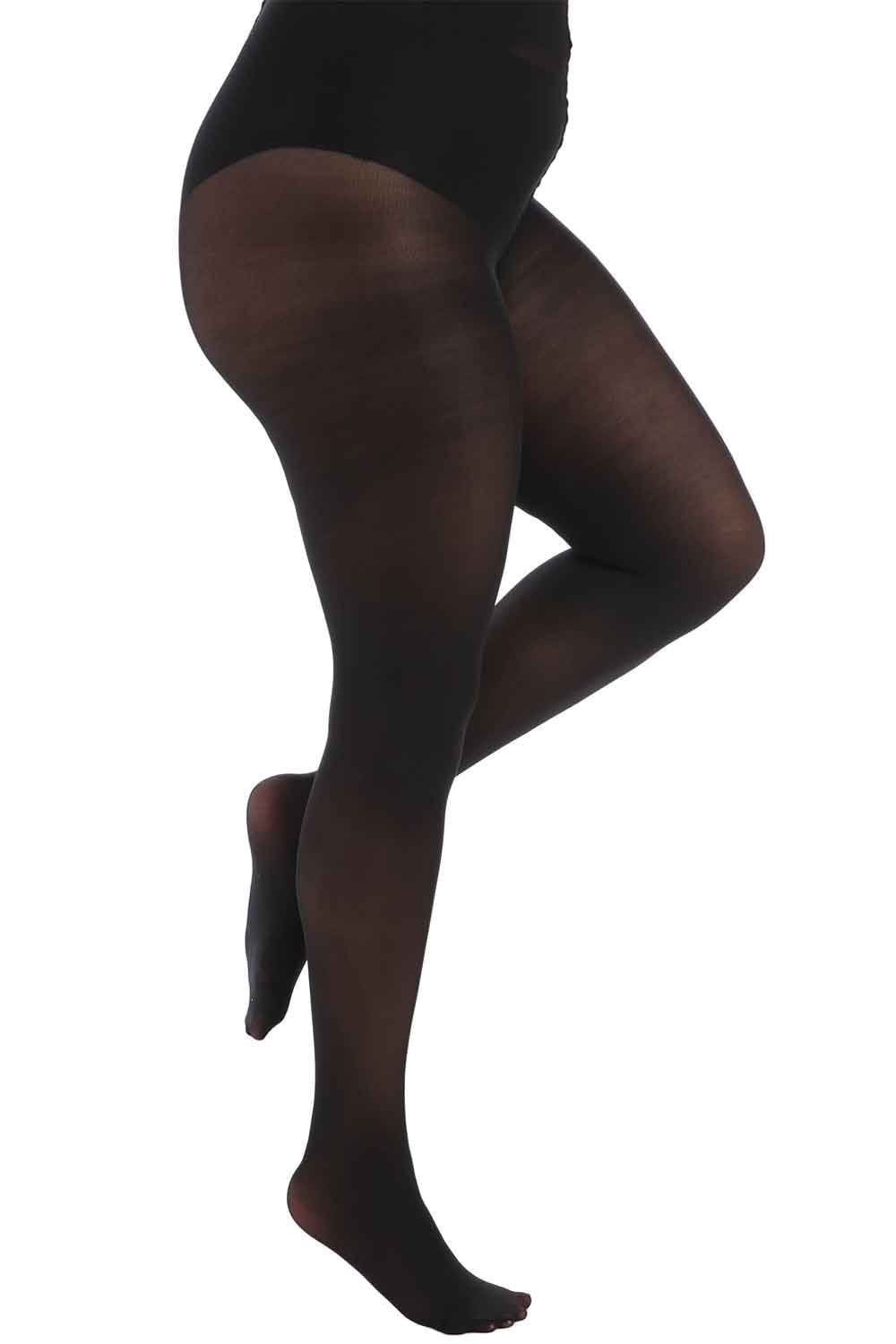 Black opaque plus size super stretch tights worn by a person on a white background 