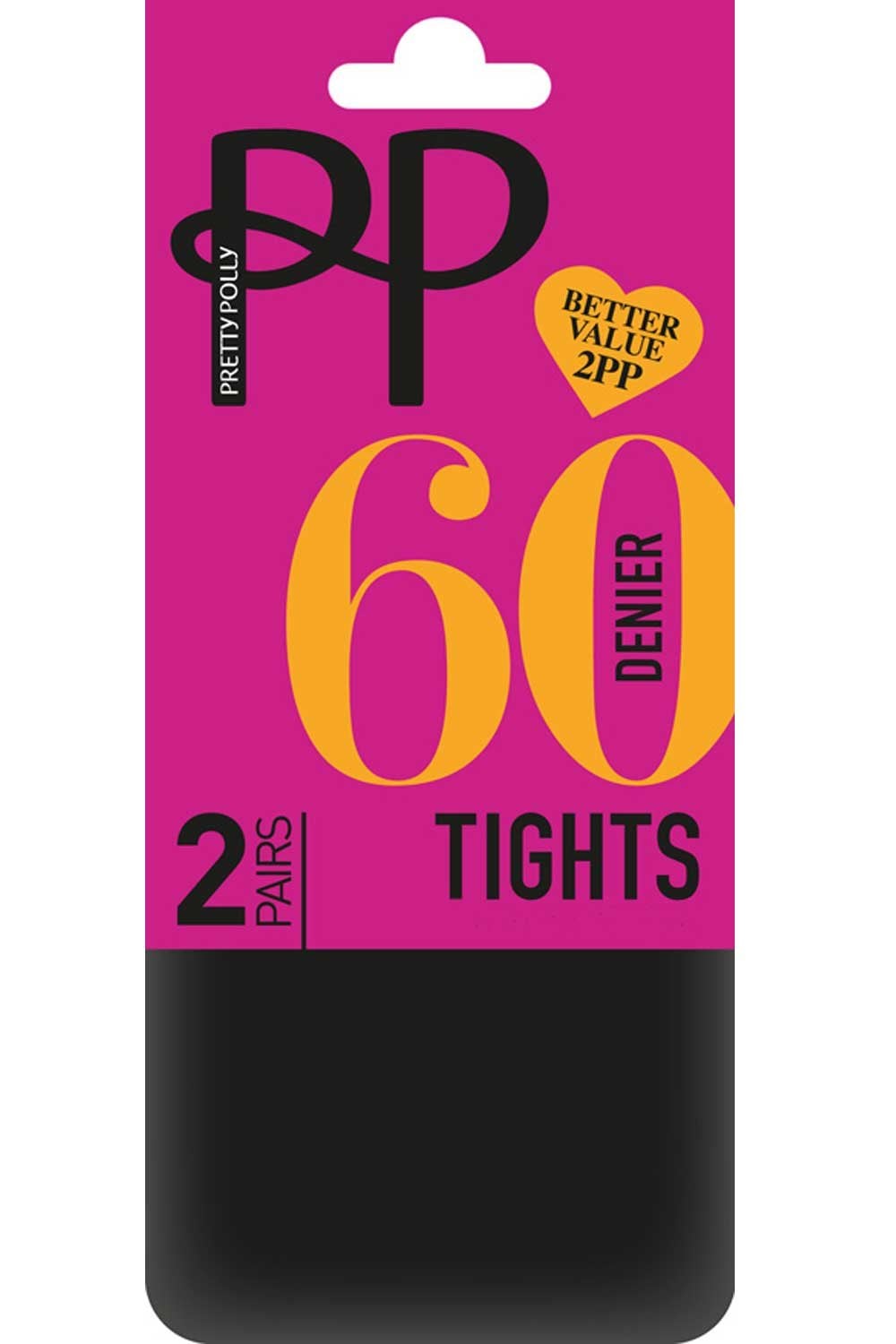 Package of Pretty Polly 60 denier tights with pink and black design.