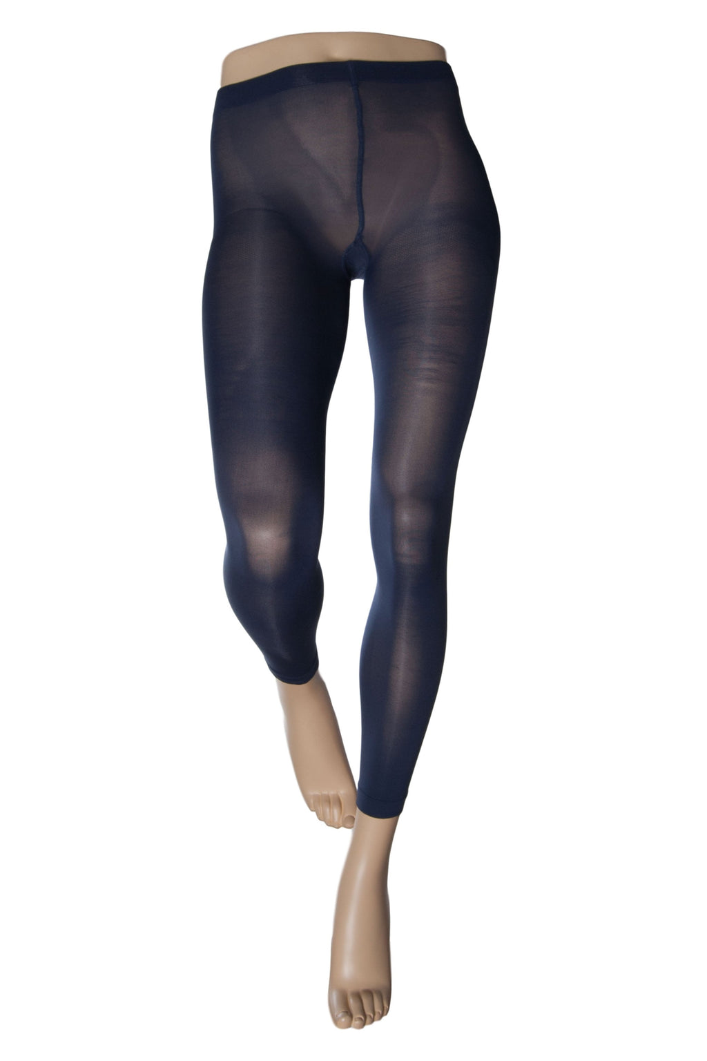 Denim coloured footless tights against a white background