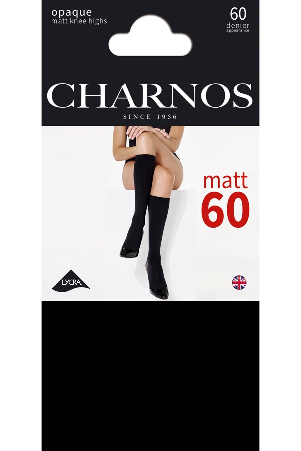 Charnos knee-highs packaging with a model wearing the socks on a white background