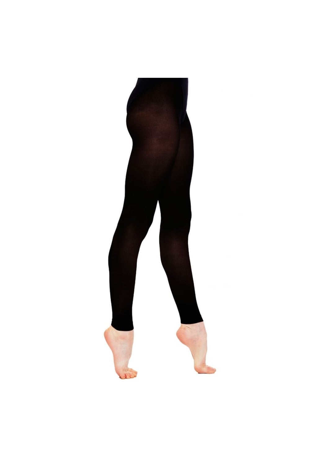 Black footless dance tights worn by a person on a white background
