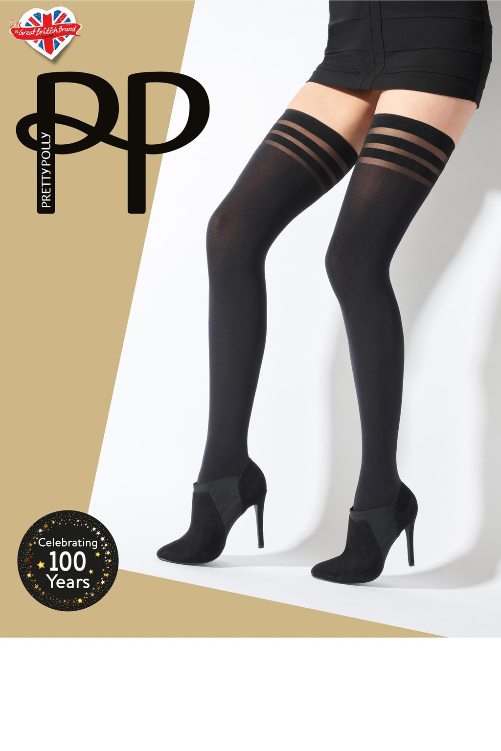Black hold ups  with striped design worn by a person, on a beige and white background with Pretty Polly branding.