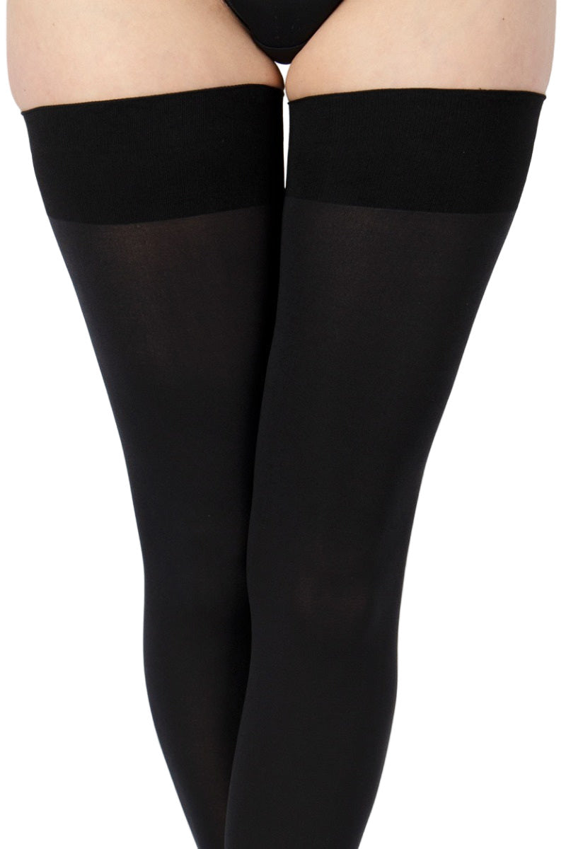 Black 80 denier hold ups on a white background