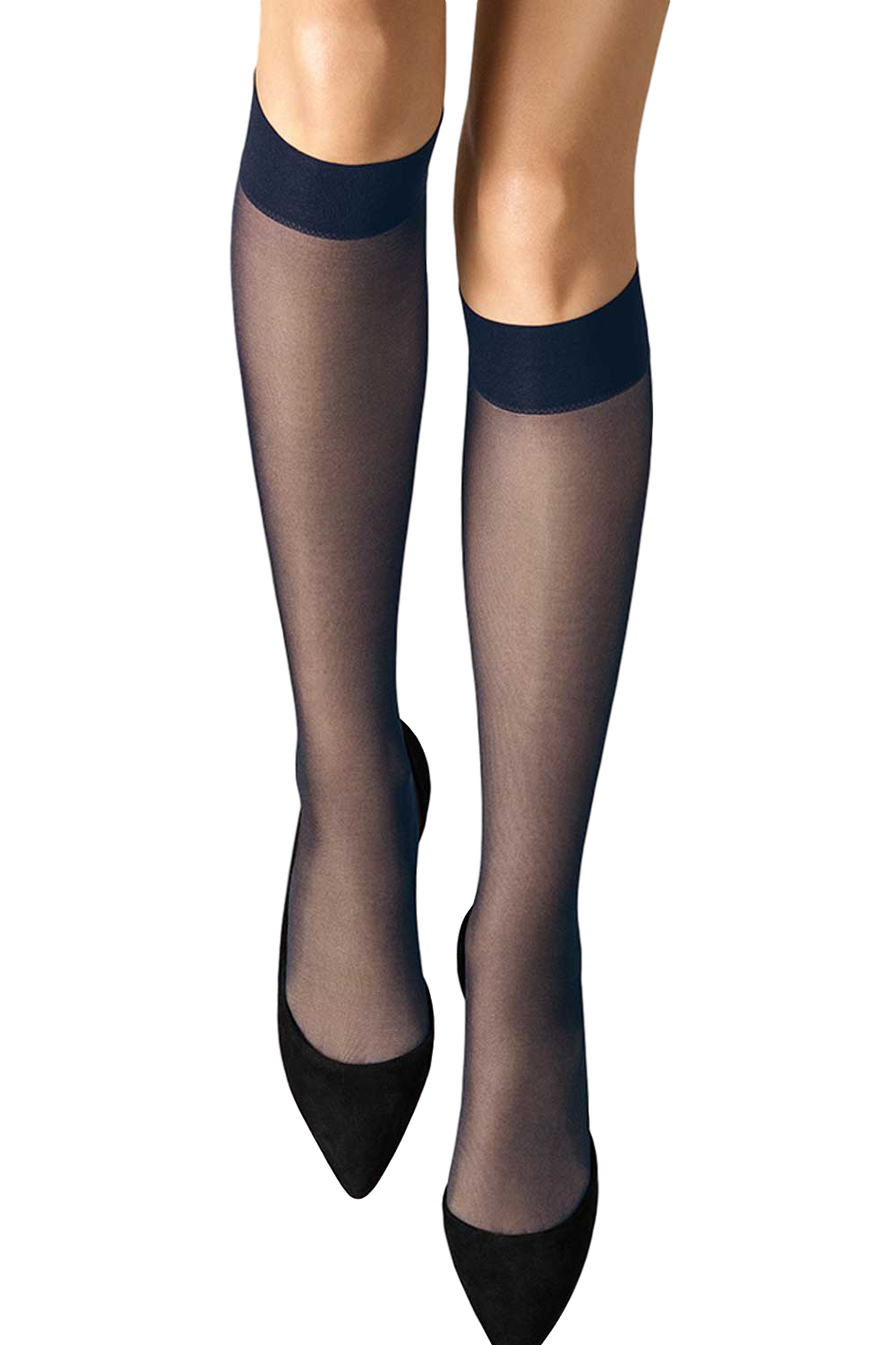 Admiral blue knee highs with black shoes on a white background