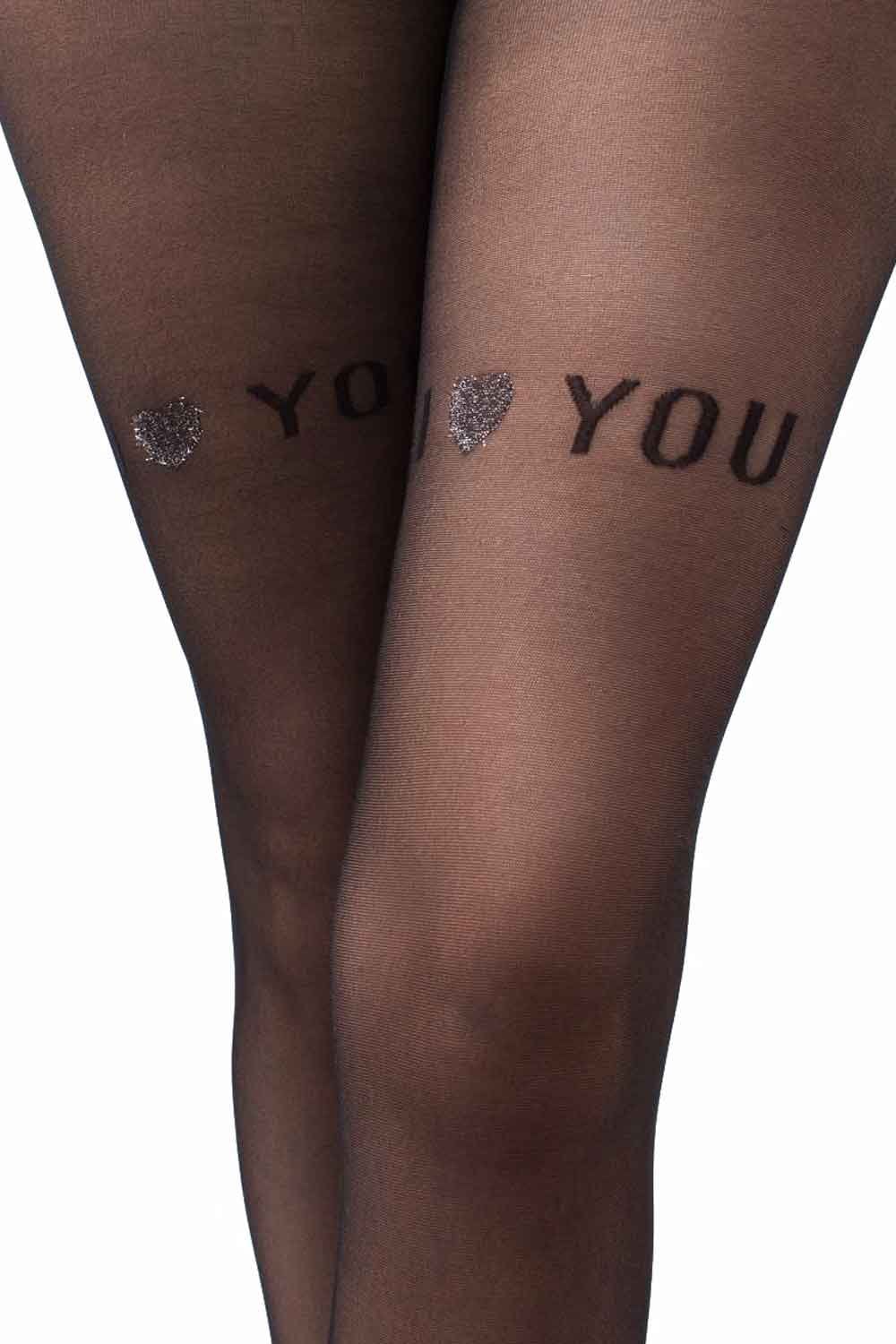 Black tights with 'YOU' text and heart design on a white background