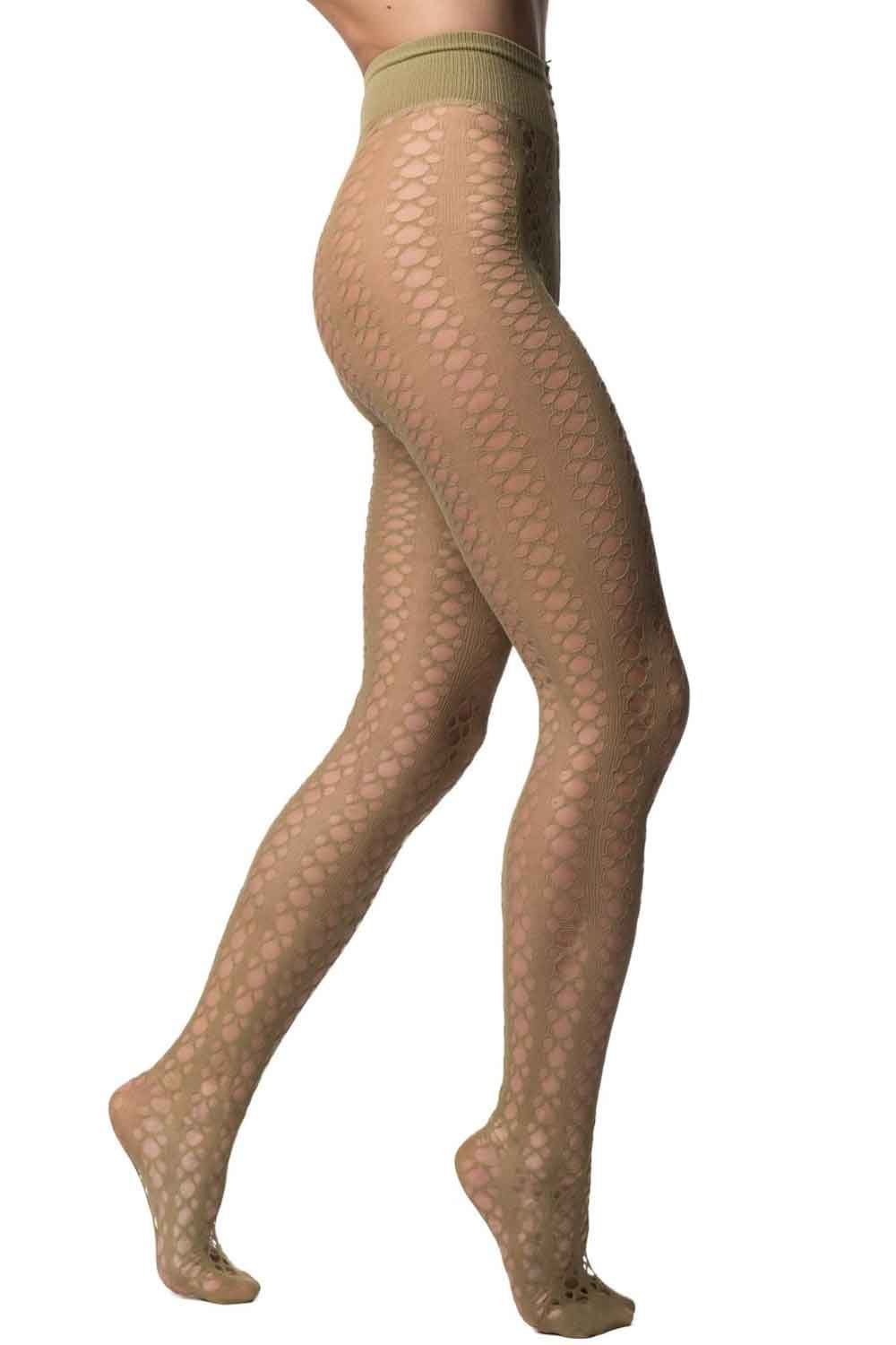 Patterned  fishnet tights worn by a person on a white background