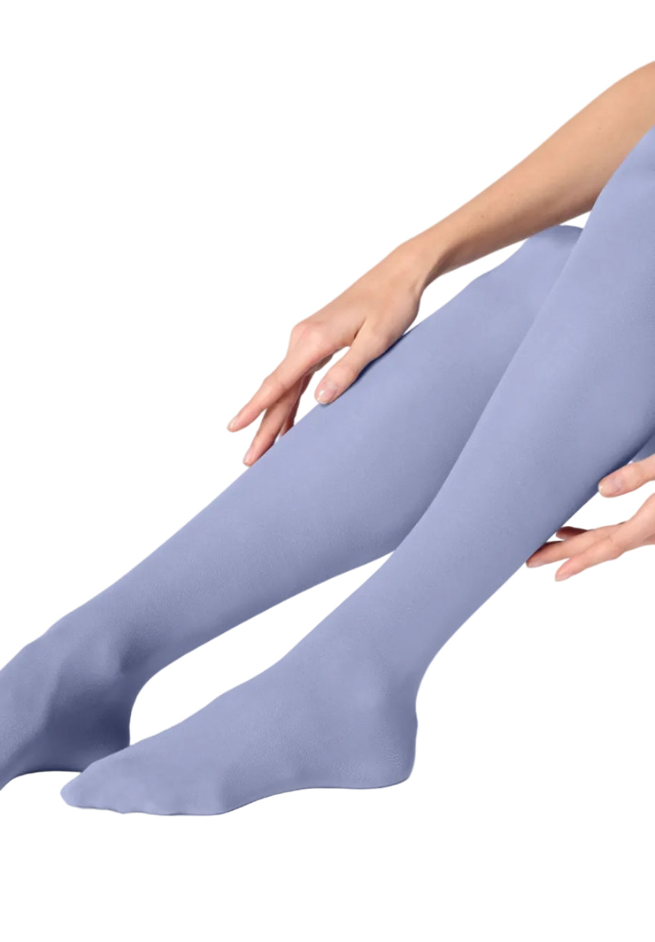 Light blue tights worn by a person on a white background
