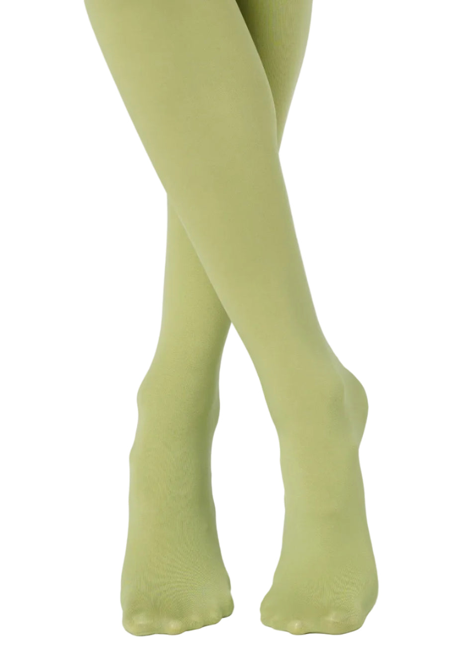 Green tights worn by a person on a white background