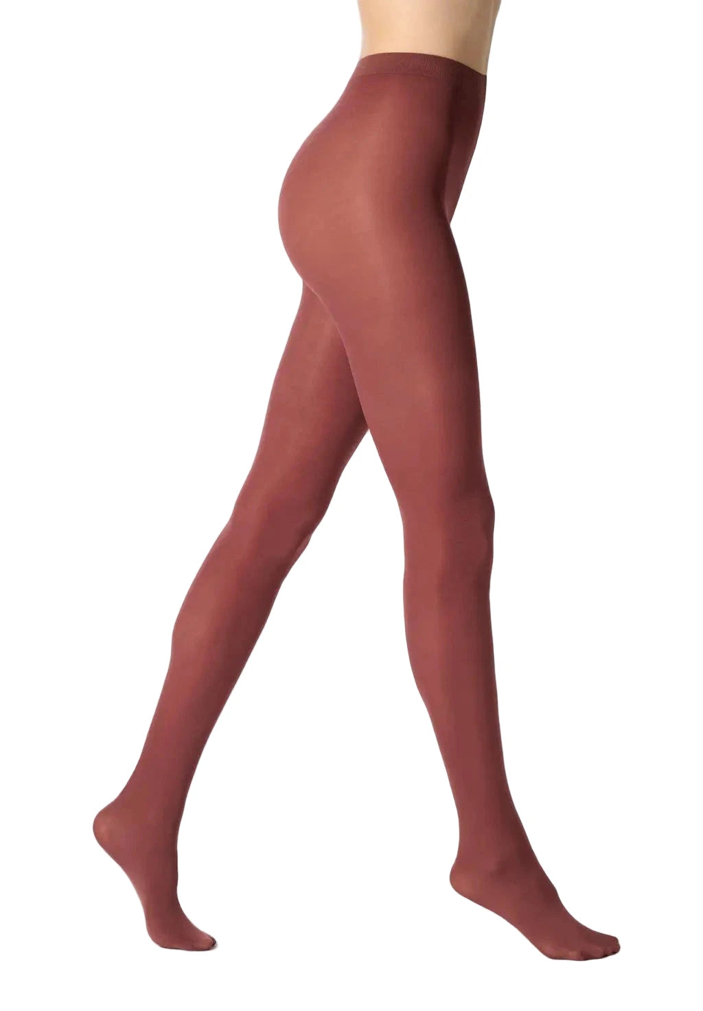 Cacao coloured tights worn by a person on a white background