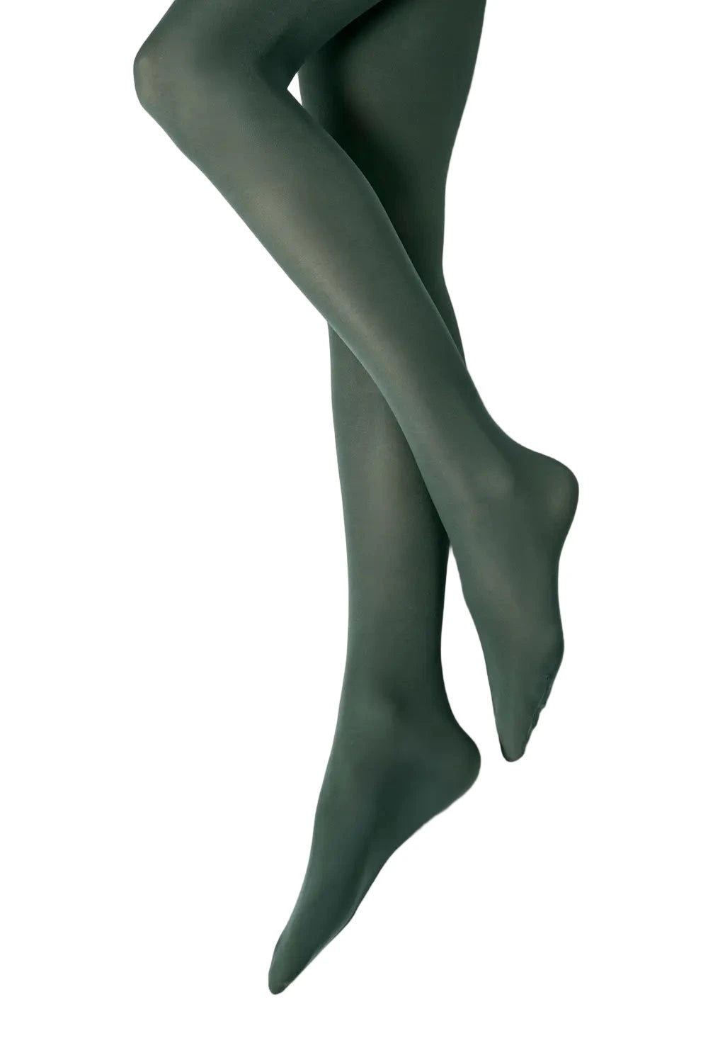 Green tights worn by a person on a white background