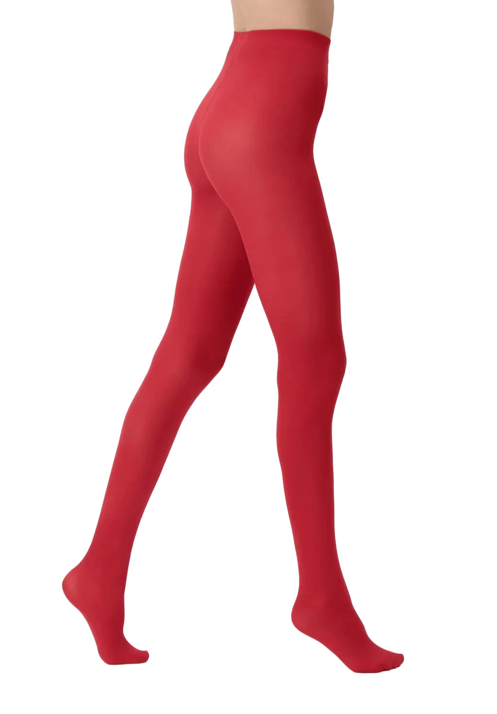Red tights worn by a person on a white background